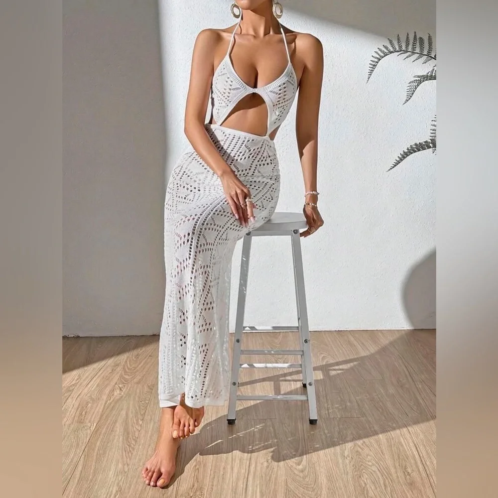 Cut Out Tie Backless Halter Neck Cover Up Dress - Picture 2 of 7